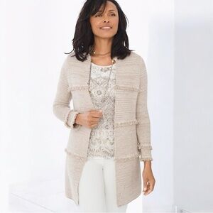 Chico's Cream & Tan Sparkle Open Front‎ Knit Cardigan with Fringe Detailing
